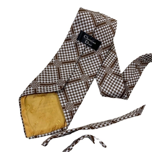 𝅺christan Dior Vintage Trendy Brown & White Novelty Print Neck Tie Retro - Picture 3 of 8